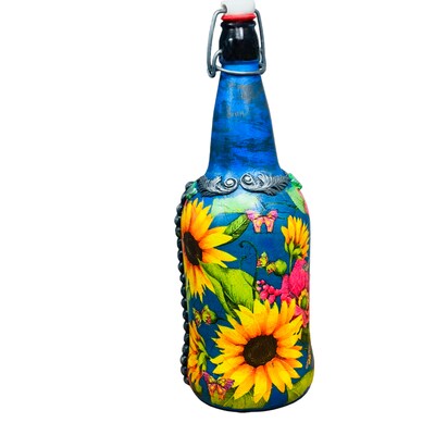 Hand Painted Decoupaged and Molded Clay Grolsch Style Glass Bottle Poppy and Sunflowers 12 in x 4 in - image5